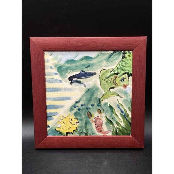 Harbor Fine Art Gallery 1997 Trivet Ceramic Tile By Lenny Happy Fish Shark - Picture 1 of 5